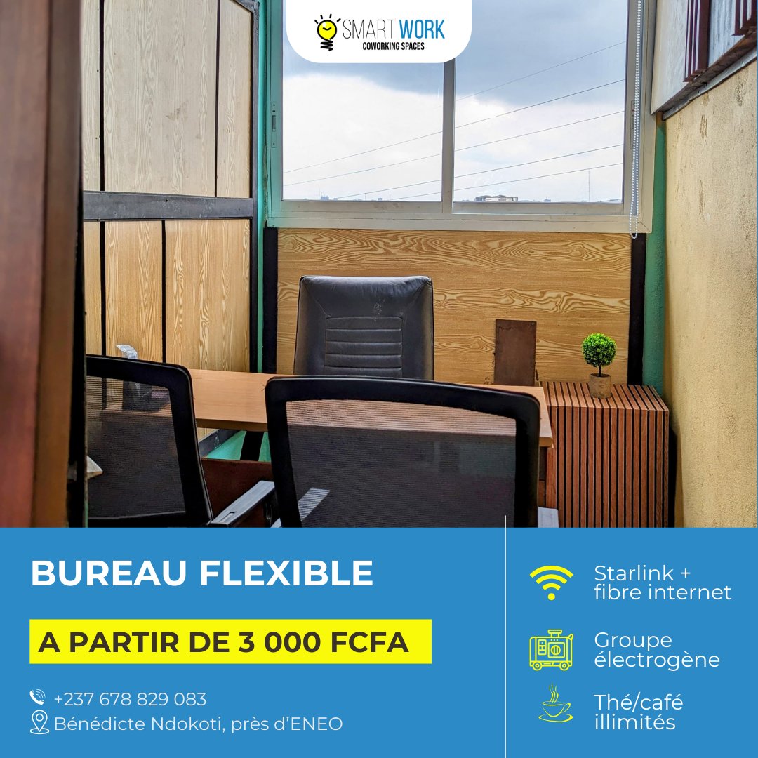 Smartwork_cm's tweet image. Marre des coupures et du brouhaha à la maison ? 🤯

Opte pour un Hot Desk dans un cadre pro et dynamique ! 💼☕
WiFi rapide, clim, ambiance studieuse… Installe-toi pour 1h, 2h ou la journée.
📍 Montée Bénédicte, Ndokoti (près d’ENEO)
📞 678 82 90 83

#CoworkingDouala
