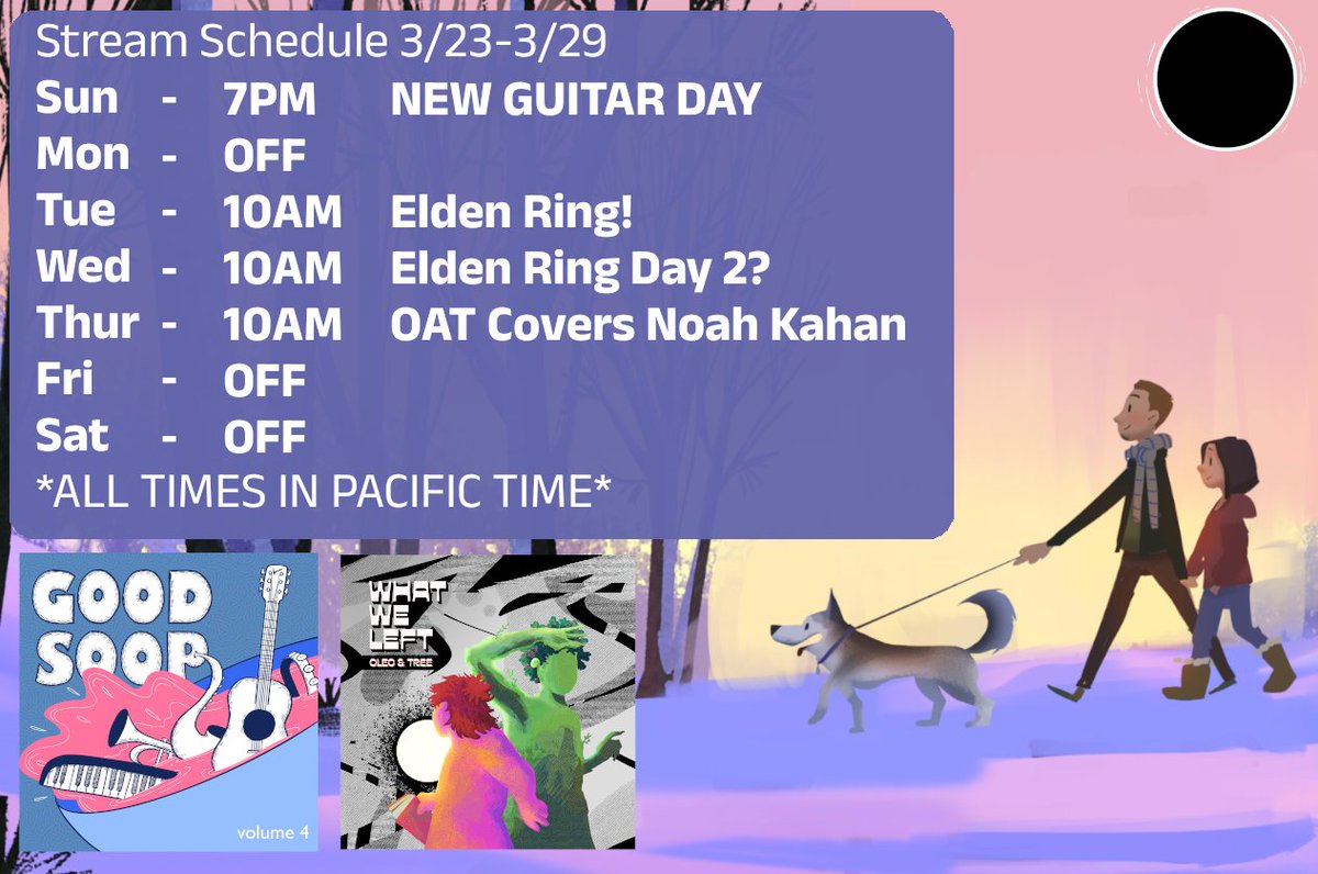 THIS WEEK

Plugging in my new guitar for the first time on Sunday!

Tues/Wed playing Elden Ring randomizer every sub i have to get rid of a piece of gear.

Thursday hangin with <a href="/ilia_kate/">TheNewSoups 💖💜💙</a> doing an <a href="/oleoandtree/">Oleo and Tree</a> cover of Stick Season by Noah Kahan!