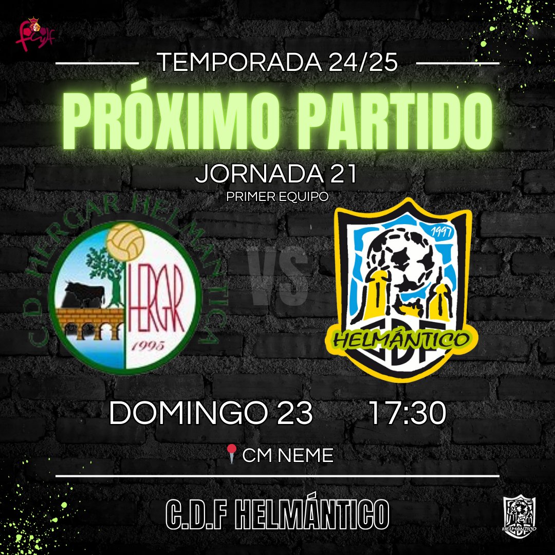 🟢⚽ Nuevo reto para nuestro primer equipo ⚽🟢
Este domingo nos medimos al @@cd_hergar en la jornada 21 de liga.
El equipo llega con ganas y preparado para luchar por los tres puntos.

🗓 Domingo 23 | 🕠 17:30h | 📍 CM Neme

#TodoAlVerde #VamosVerdes #Helmántico