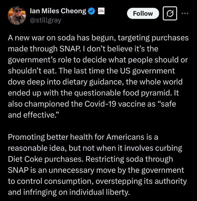 Dude doesn’t even live in America and is arguing why restricting soda from SNAP benefits is government overreach. lol