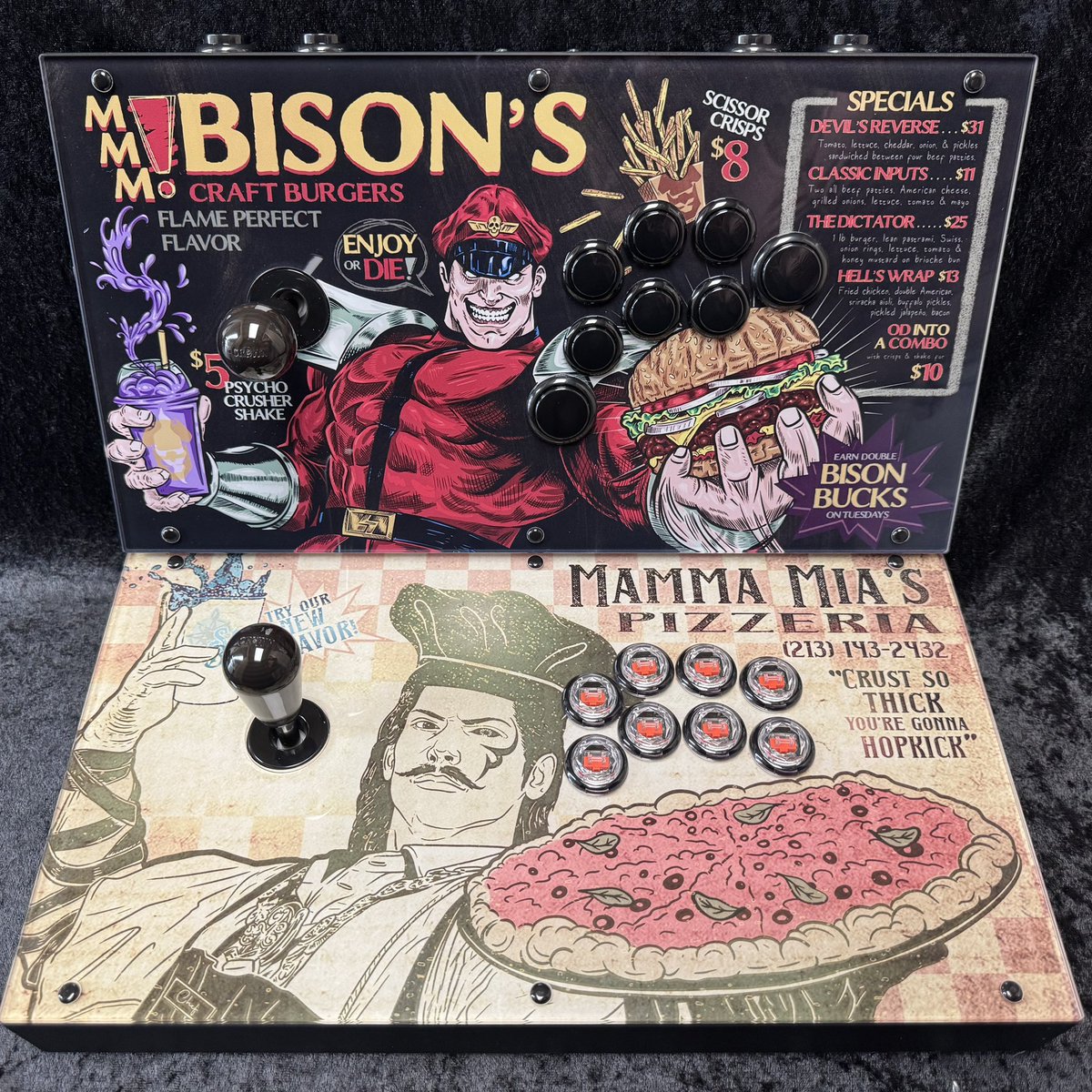 Hungry for games? Where are you headed for dinner? @bc_shadowfury and I collaborated on our new stick art- what one do you prefer? #fightstick #StreetFighter #tekken