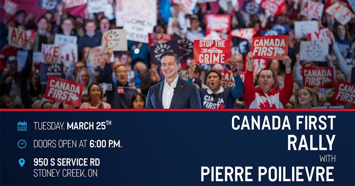 NedKurucMP's tweet photo. Join Pierre Poilievre, myself, and the Common Sense Team for a Canada First Rally in Hamilton! 🇨🇦

🗓 Tuesday, March 25
🕕 Doors Open at 6:00 P.M.
📌 950 South Service Rd, Stoney Creek, ON L8E 6A2
👉 RSVP: https://t.co/niIhniRsqd https://t.co/prkSKHGefX