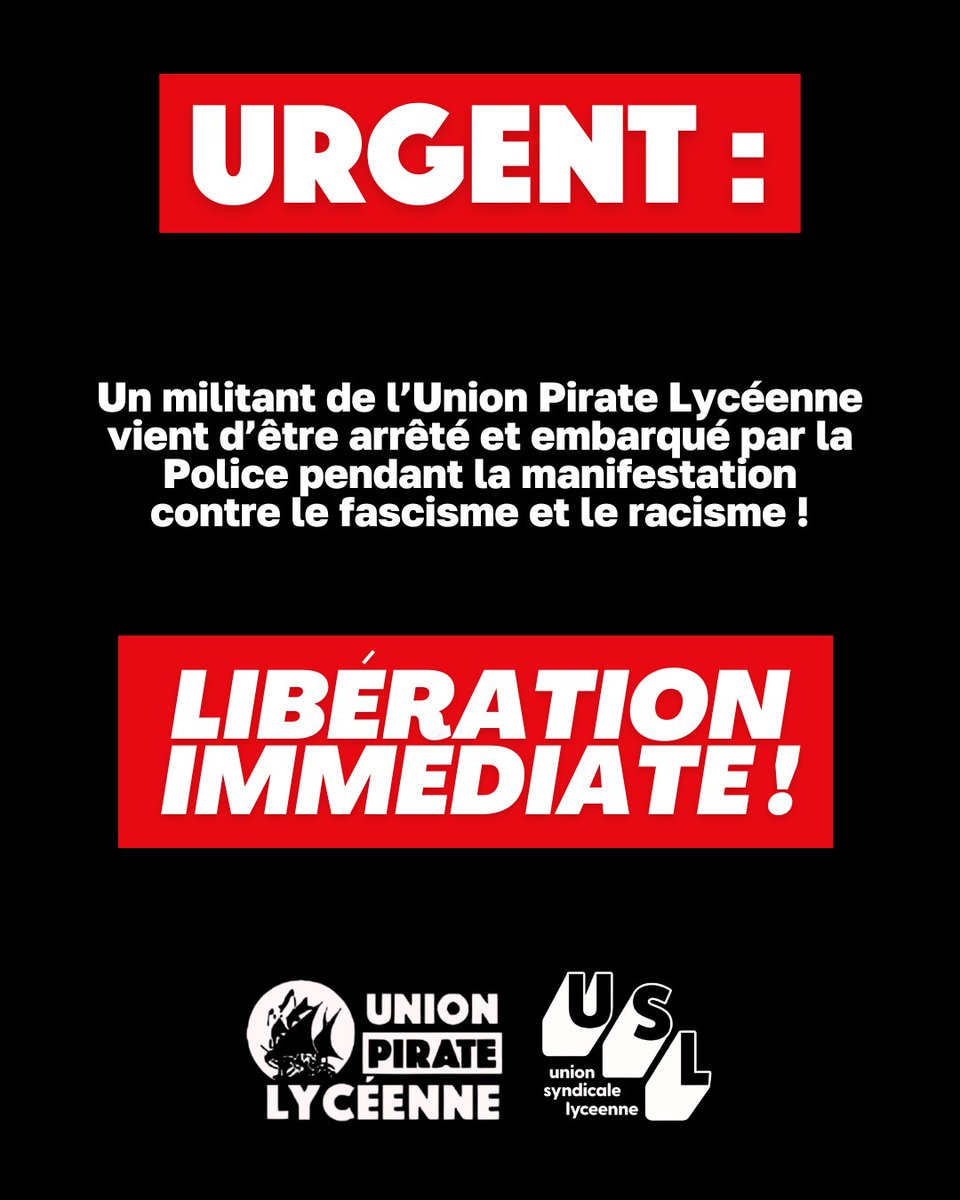 pirate_lyceenne's tweet photo. Un militant de l'Union Pirate Lycéenne arrêté par la police à Rennes, à la fin de la manifestation contre le fascisme et le racisme !

C'est inadmissible ! Libérez notre camarade ! https://t.co/HtLJlmPseX