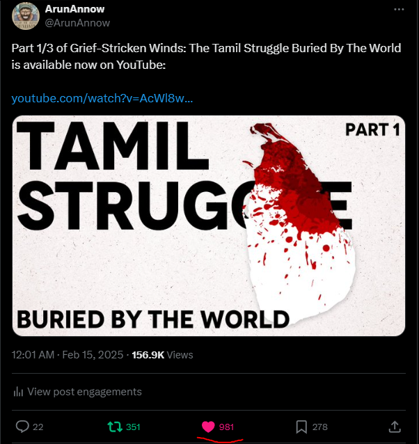 ArunAnnow's tweet photo. I hate the fact that I can make a really dumb tweet making fun of Ethan (a content creator who I do not like whatsoever for getting my friends banned off Twitch for a month), and it'll get more likes than my pinned tweet about my documentary on the Tamil genocide https://t.co/xrqIWTcVnr