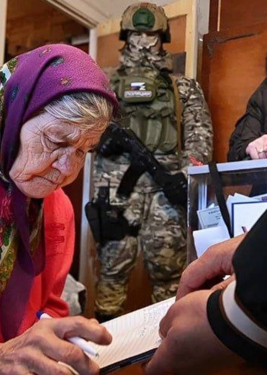 U24_gov_ua's tweet photo. This is what “voting” in occupied Ukrainian territories looks like:
No choice.
No abstention.
Only coercion under the gun.

This is, by no means, the will of the people — only the will of the armed russian invaders. https://t.co/p5V1Ye9vJ9