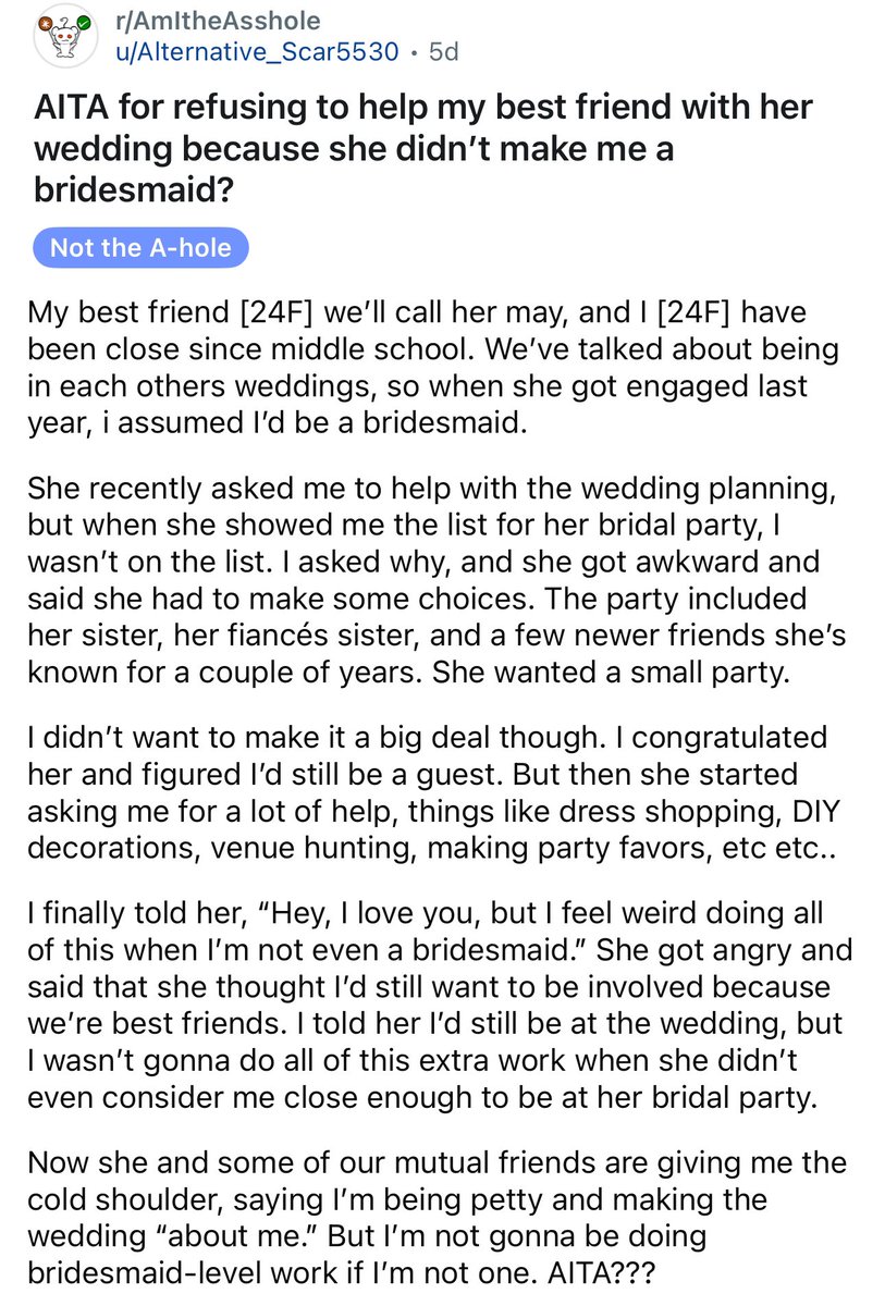 amithearsehole's tweet image. AITA for refusing to help my best friend with her wedding because she didn&apos;t make me a bridesmaid?