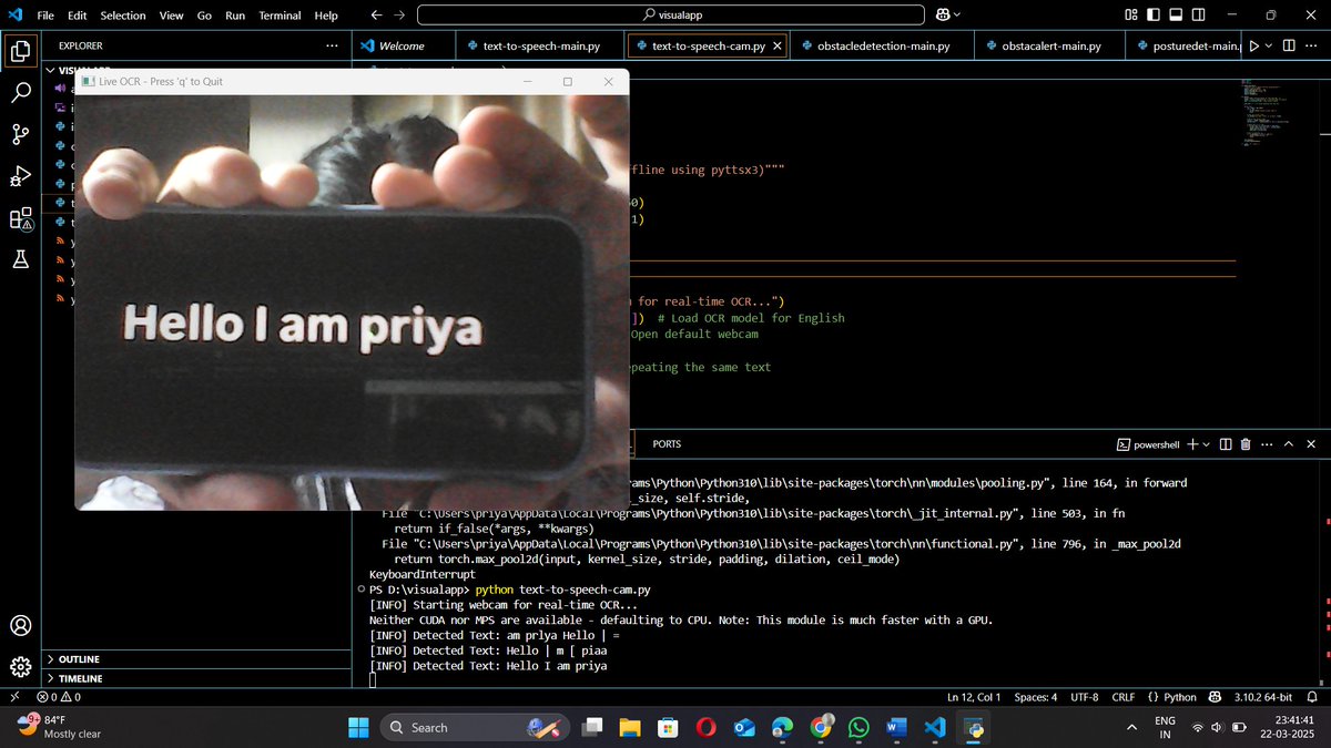 priya_s_k22's tweet image. Day 8:
📸 Real-time Reading, Real-world Impact!
Our tool scans printed text and reads it aloud—no internet needed.
✔️ Read signs, notes, or labels
🎧 Just point, scan, and listen—accessibility made simple.
#TextToSpeech #AssistiveTech #PythonTools #AccessibilityMatters