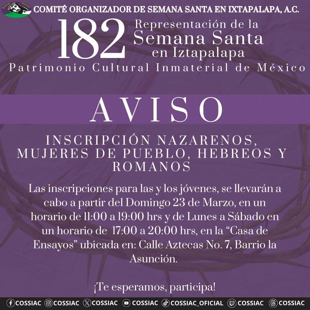 ❗️AVISO❗️

Las inscripciones para las y los jóvenes interesados en participar como mujeres de pueblo, nazarenos, hebreos y romanos se llevarán a cabo a partir del domingo 23 de marzo en un horario de 11:00 a 19:00 horas y de lunes a sábado en un horario de 17:00 a 20:00 horas.