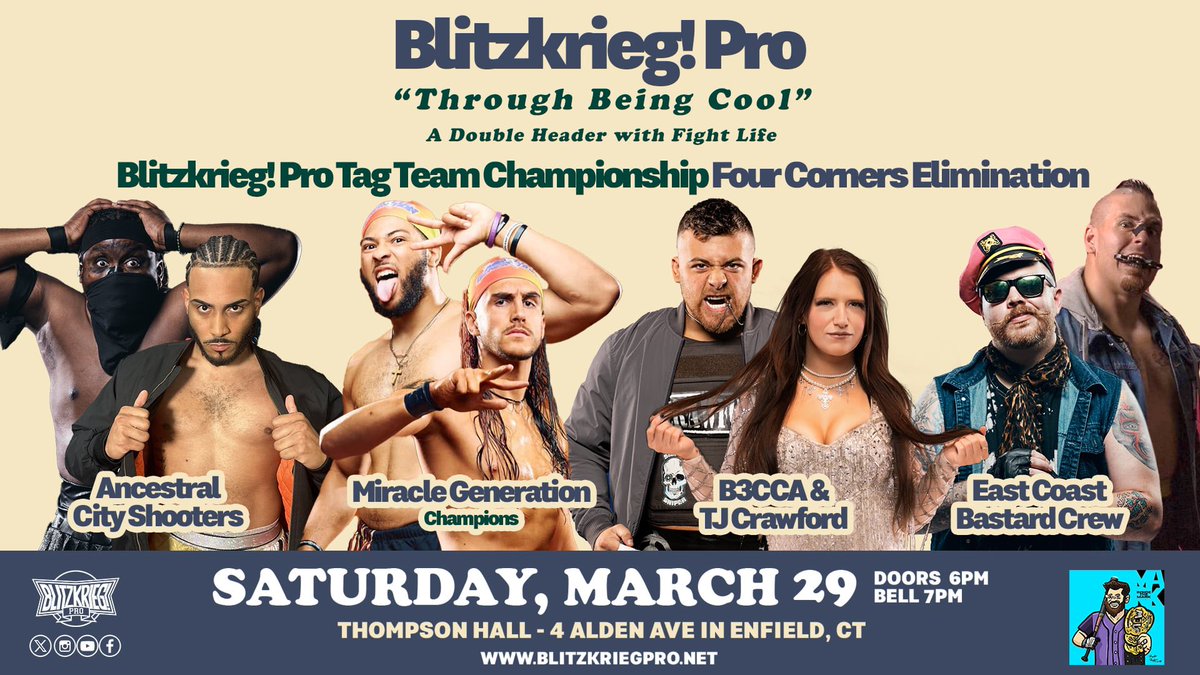 Blitzkrieg_Pro's tweet photo. 🚨 ONE WEEK AWAY 🚨
- STACKED - 

“Through Being Cool” goes down in Enfield, CT 

Bedlam Championship Match
- Sammy Diaz vs CPA
- KRULE vs Charles Mason
- Andy Brown vs Paul London
- TACS vs Miracle Gen vs TJ/B3CCA vs ECBC

Double Header w/ @FightLifePW 

🎟: https://t.co/G4TASMXzdo
📺: https://t.co/rR9Zi9wbt4