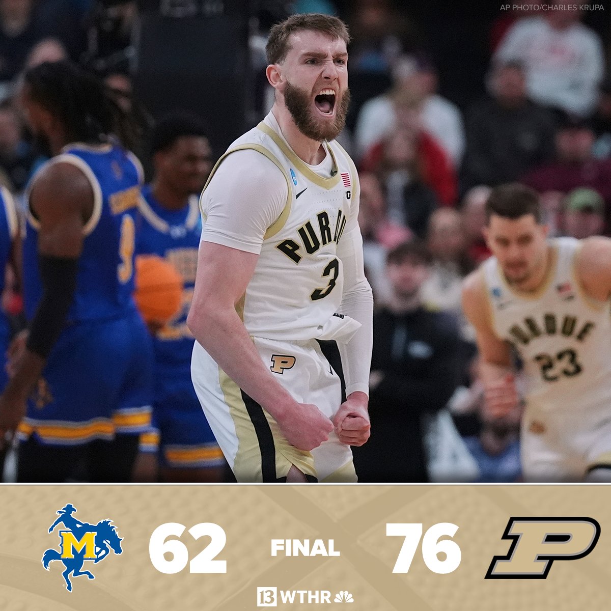 WTHRcom's tweet image. BOILER UP! 🏀🚂

Purdue is heading to Indianapolis and the Sweet 16 after routing McNeese 76-62 in the second round of the NCAA Tournament.