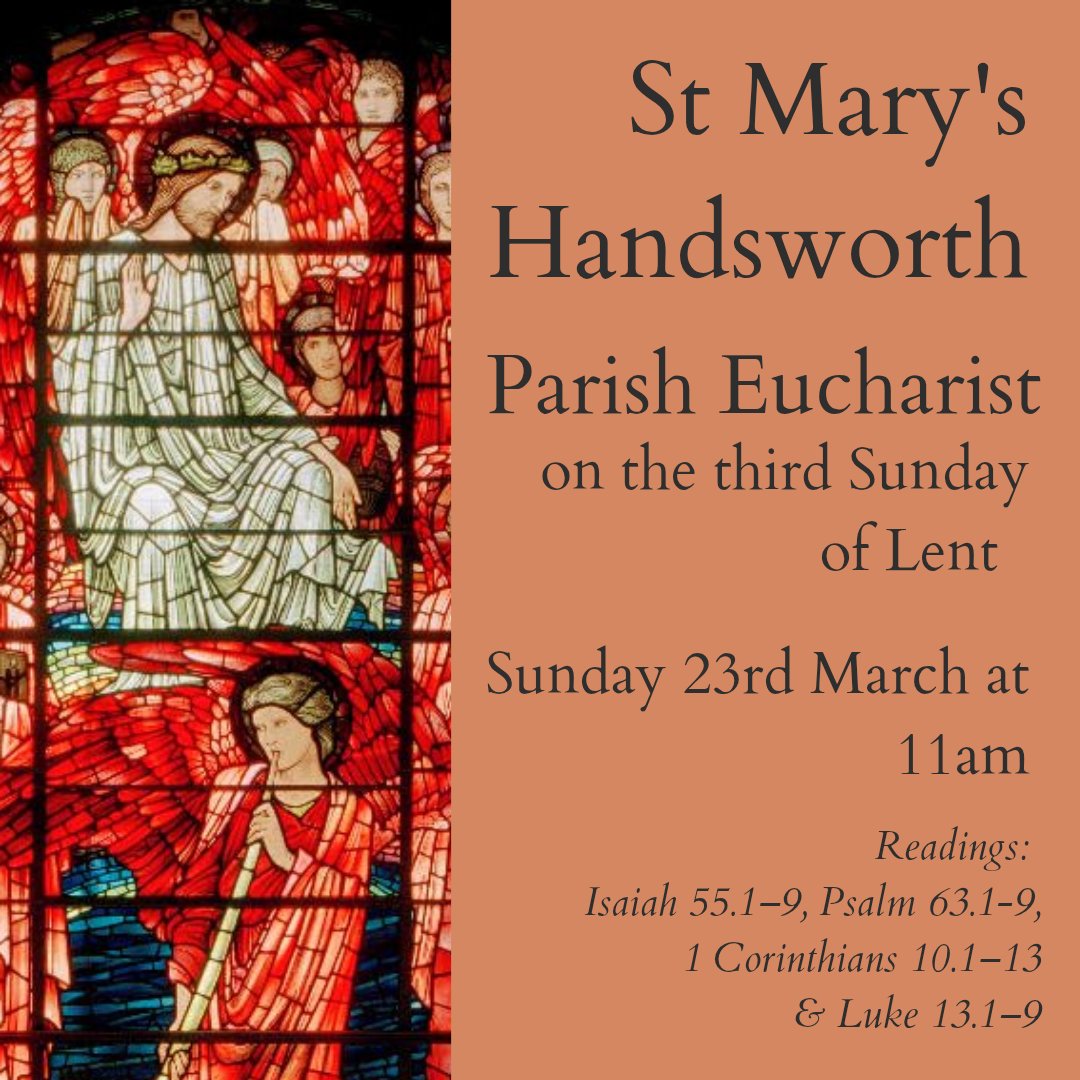 All welcome to the Parish Eucharist at St Mary’s Church, Handsworth, on the third Sunday of Lent, this Sunday, the 23rd March at 11am.

#AllWelcome #Lent #ThirdSundayOfLent #ParishEucharist #ChurchOfEngland #HandsworthStMary #COfEBirmingham