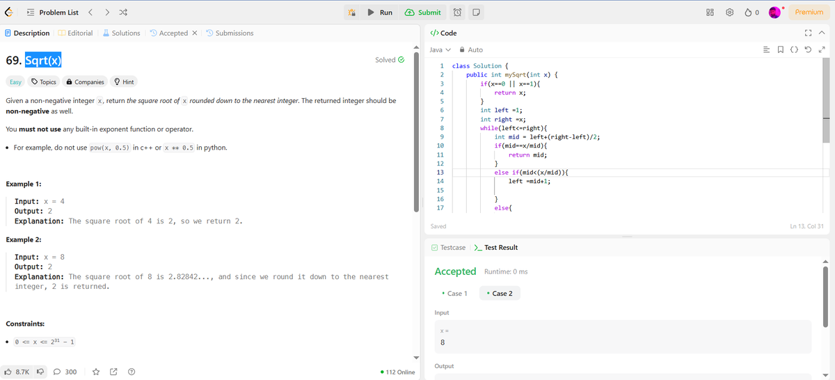 ratna_madhav's tweet photo. Day 11/100✨
Today I solved  Sqrt(x) Problem on
@LeetCode
#100DaysOfCode #DSA #LeetCode #programmin #algorithm https://t.co/ys65DU0m6u