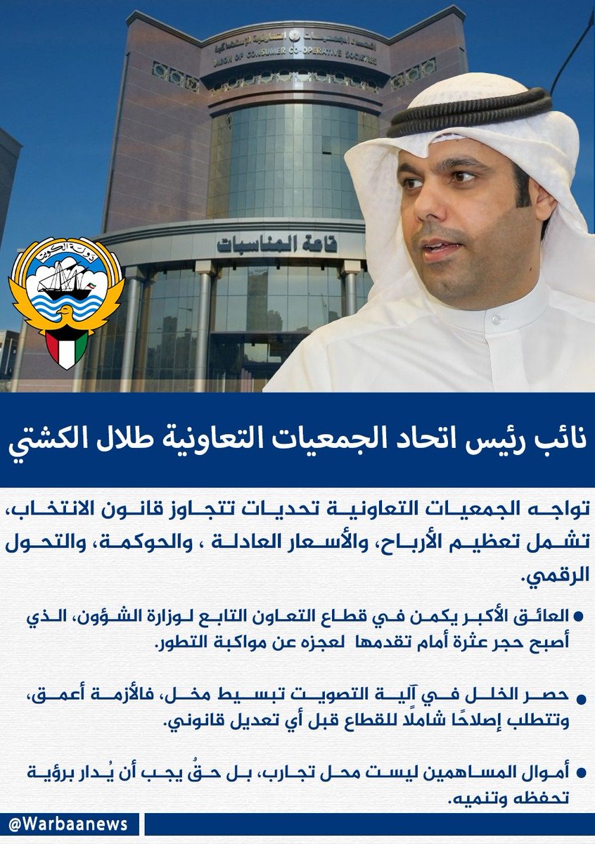 وربة نيوز (@warbaanews) on Twitter photo نائب رئيس اتحاد الجمعيات التعاونية <a href="/kuccs/">اتحاد الجمعيات التعاونية</a>
طلال الكشتي <a href="/TalalAlkashte/">طلال الكشتي</a> :
▪️تواجه #الجمعيات_التعاونية تحديات تتجاوز #قانون_الانتخاب، تشمل تعظيم الأرباح، والأسعار العادلة ، والحوكمة، والتحول الرقمي
▪️العائق الأكبر يكمن في قطاع التعاون التابع لوزارة #الشؤون <a href="/mosa1_kw/">وزارة الشئون الاجتماعية</a> الذي أصبح نائب رئيس اتحاد الجمعيات التعاونية <a href="/kuccs/">اتحاد الجمعيات التعاونية</a>
طلال الكشتي <a href="/TalalAlkashte/">طلال الكشتي</a> :
▪️تواجه #الجمعيات_التعاونية تحديات تتجاوز #قانون_الانتخاب، تشمل تعظيم الأرباح، والأسعار العادلة ، والحوكمة، والتحول الرقمي
▪️العائق الأكبر يكمن في قطاع التعاون التابع لوزارة #الشؤون <a href="/mosa1_kw/">وزارة الشئون الاجتماعية</a> الذي أصبح