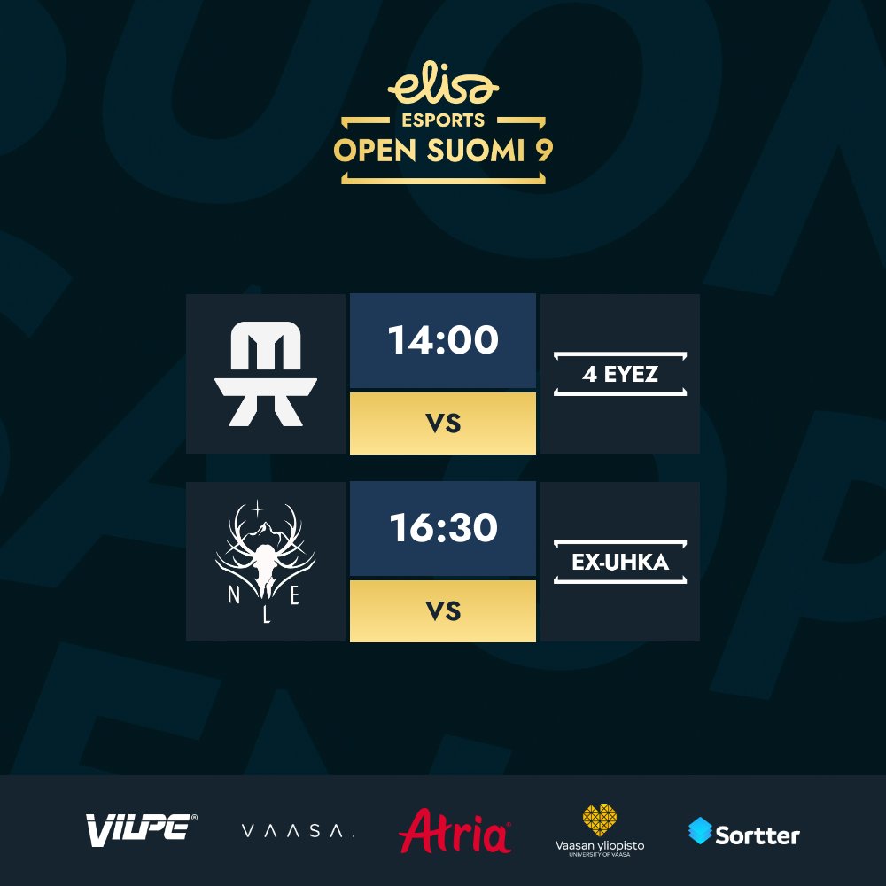 Tervetuloa sunnuntain otteluille!

⏰ 14:00
⚔️ <a href="/eliteklangg/">Elite Klan</a> vs 4 EYEZ

⏰ 16:30
⚔️ <a href="/northern_legacy/">NLEFI</a> vs ex-UHKA Esports

📺 twitch.tv/elisaviihdespo…
📺 youtube.com/@elisaesports

#ElisaOpen #esportsfi