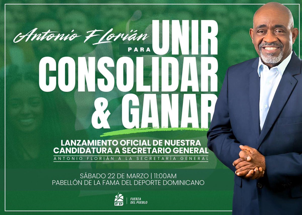 Edmallenh's tweet image. Hoy 11AM estaré acompañando al compañero @antonioflorian_ en el lanzamiento oficial de su candidatura a la Secretaría General de nuestro partido, la Fuerza del Pueblo @FPcomunica.

Paso firme para seguir construyendo unidad, consolidación y victoria.

#Unir #Consolidar #Ganar