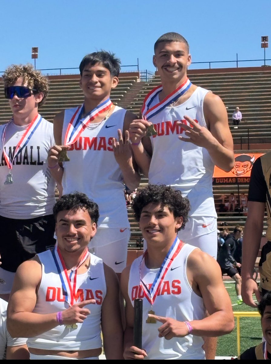DumasTrack's tweet photo. Varsity boys take the Gold with a SB 41.9! 🔥 
@DumasDemonStats @DISD_Athletics https://t.co/ureT6rxr0t