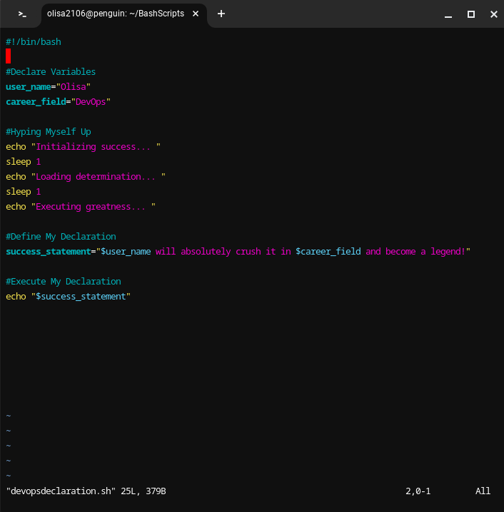 youfoundolisa's tweet photo. Below is the simplest bash script you will ever see lol. Seeing my first Bash script run successfully was bliss! I can already see how powerful Bash will be for automation.

What was the first thing you automated with Bash?

#Bash #Automation #DevOps #30DaysOfDevOps
#LearnLinuxTv https://t.co/4ebKcHnlJ0