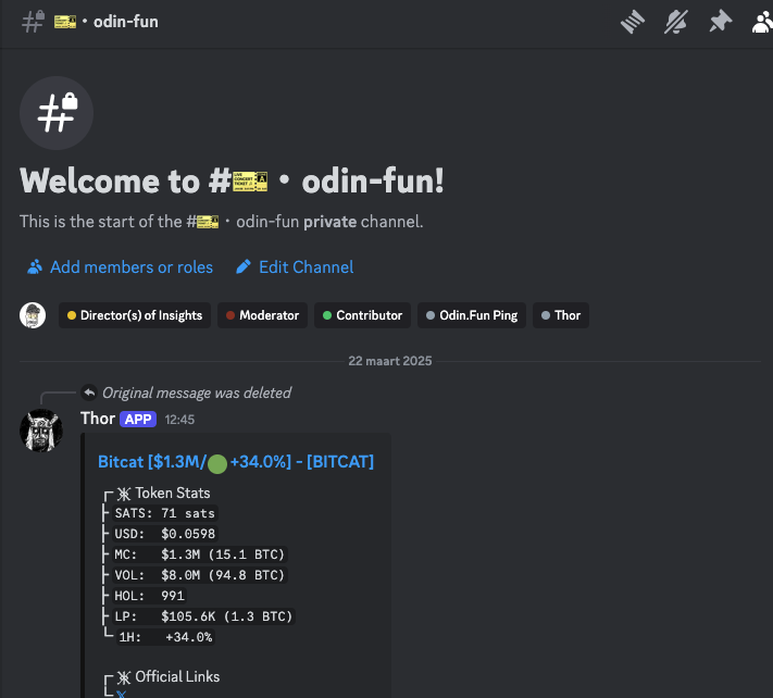 We’ve opened a special channel today for our community members active on <a href="/Odin_GodOfRunes/">ODIN•FUN</a> .

Thanks to <a href="/untoshisats/">untoshi</a> , we’ve set up the Thor app so we get real-time updates on the tokens that are currently trending.

Buy a <a href="/Theinsightspass/">The Insights Pass</a>  to get the latest alpha.