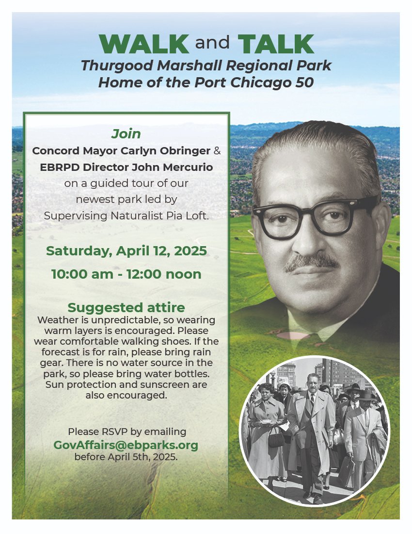 Carlyn Obringer (@carlynobringer) on Twitter photo Concord Neighbors: You are invited to join me and
<a href="/EBRPD/">East Bay Regional Park District</a> Director John Mercurio for a "Walk and Talk" at Thurgood Marshall Regional Park--Home of the Port Chicago 50, on April 12, from 10 am to 12 pm. Please RSVP to GovAffairs@ebparks.org by April 5, to participate. Concord Neighbors: You are invited to join me and
<a href="/EBRPD/">East Bay Regional Park District</a> Director John Mercurio for a "Walk and Talk" at Thurgood Marshall Regional Park--Home of the Port Chicago 50, on April 12, from 10 am to 12 pm. Please RSVP to GovAffairs@ebparks.org by April 5, to participate.