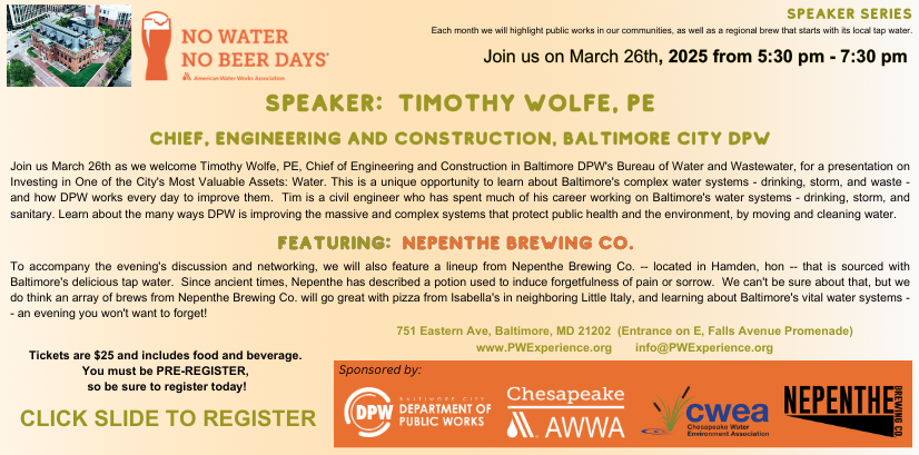 ChesapeakeWEA (@chesapeakewea) on Twitter photo Register today to come hear Tim Wolfe, PE speak this week at the No Water No Beer Days!
Click Here:  ow.ly/xIRH50VmM4b Register today to come hear Tim Wolfe, PE speak this week at the No Water No Beer Days!
Click Here:  ow.ly/xIRH50VmM4b