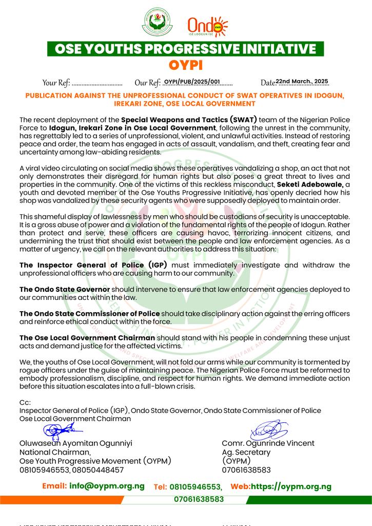 *PUBLICATION AGAINST THE UNPROFESSIONAL CONDUCT OF SWAT OPERATIVES IN IDOGUN, IREKARI ZONE, OSE LOCAL GOVERNMENT*

The recent deployment of the Special Weapons and Tactics (SWAT) team of the Nigerian Police Force to Idogun, Irekari Zone in Ose Local Government,