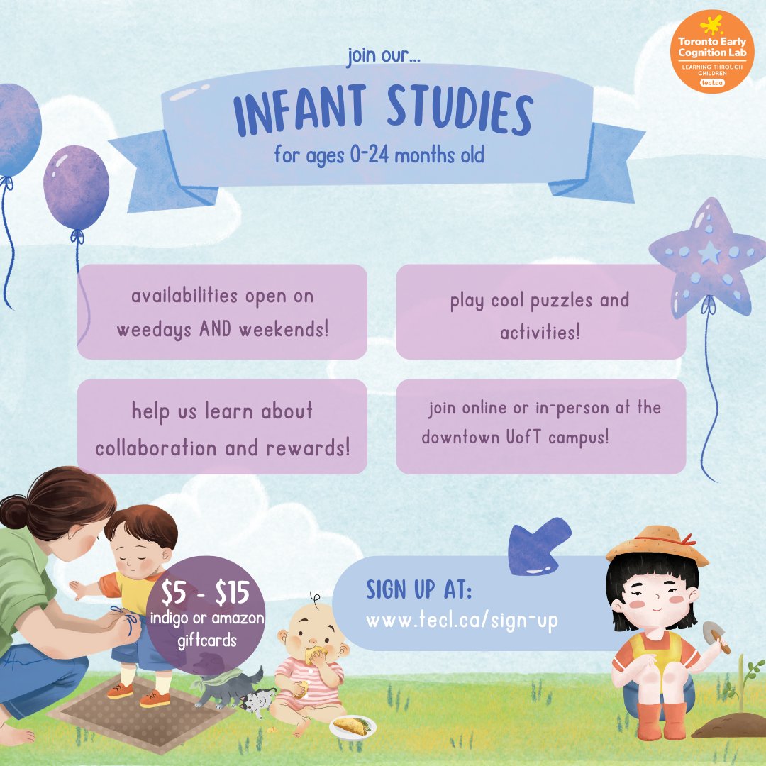 ⭐️Join the Toronto Early Cognition Lab for a fun study for children 0-24 months old!      

💫Receive a gift card and UofT certificate for participating  

✨ Sign up with the link in our bio!