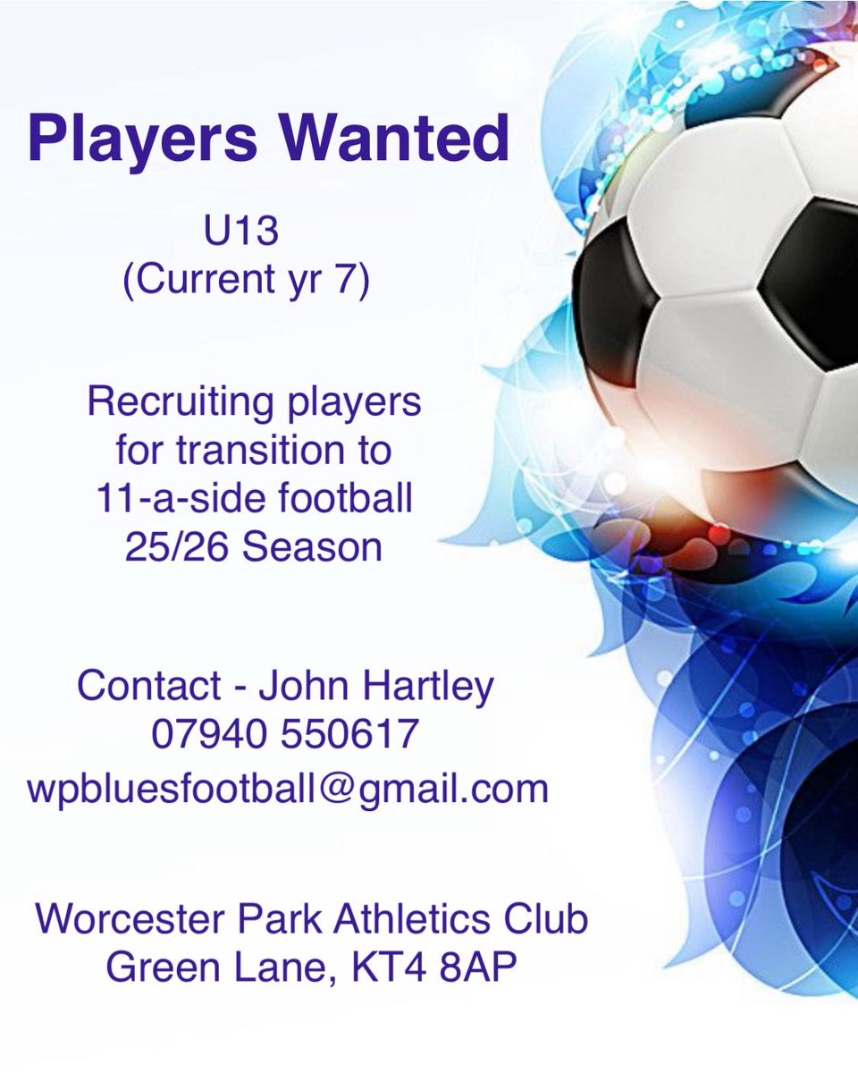 **Players Wanted**
Worcester Park Colts Blues looking for players for next season!