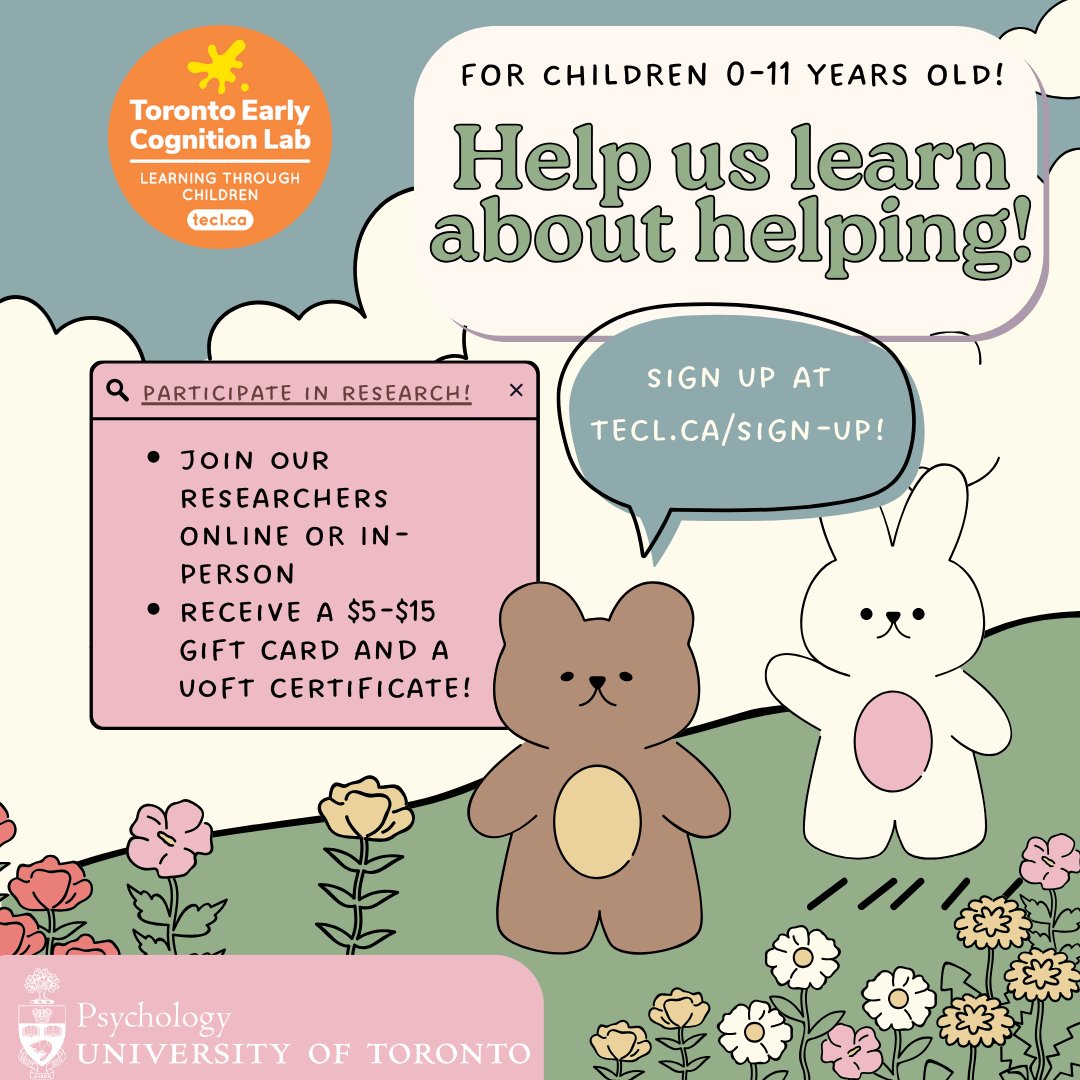 ✅Join the Toronto Early Cognition Lab for a fun study for children 0-11 years old!     

🎁Receive a gift card and UofT certificate for participating 

🙌 Sign up now using the link in our bio