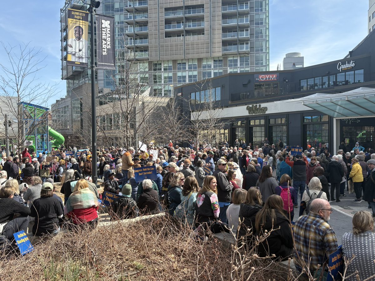 tjbarton83's tweet image. Couple hundred on the Ped Mall in Iowa City to protest terminations of frontline federal workers who serve Iowa veterans, seniors and farmers, to rally in support of VA workers &amp;amp; postal workers, and call on Iowa US Rep. Mariannette Miller-Meeks to stand up for federal workers.