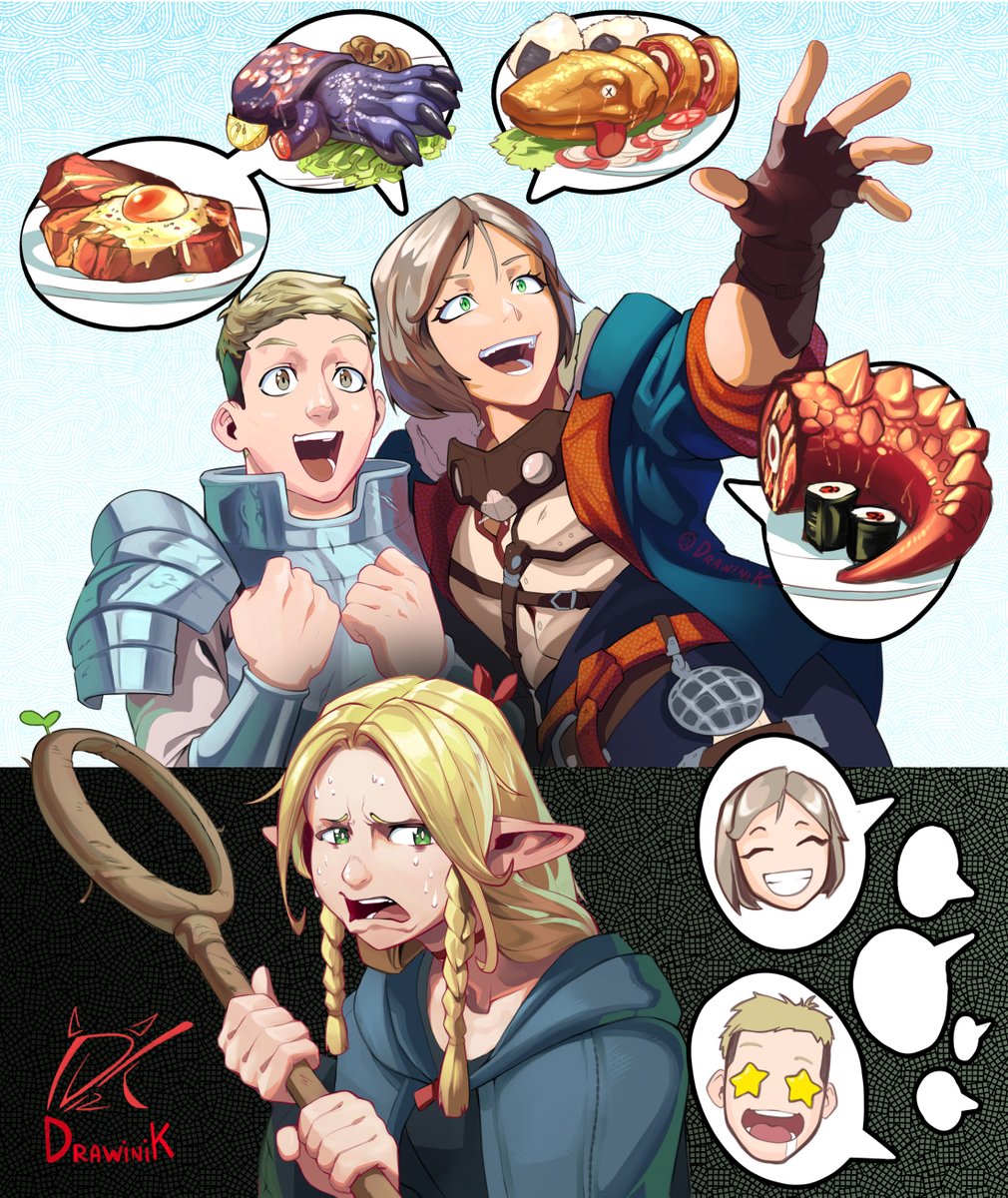 DrawiniK's tweet image. Laios and the Hunter seem to have similar tastes in food, while Marcille... not so much. 

Do you think Monster Hunter will ever collaborate with Dungeon Food? I can already see the new types of dishes!