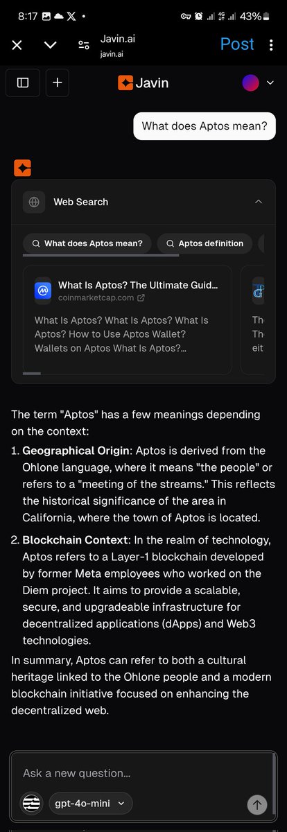 FriyoyoFm's tweet photo. @askjavin is your guide to the Aptos ecosystem. Ask, search, and test on-chain data. A great tool, especially the history section to revisit questions and the web search feature showing answer sources.
Welcome to the AI era @metamove_ on @Aptos.
#MoveAIHackathon https://t.co/WJ9V02zLdU