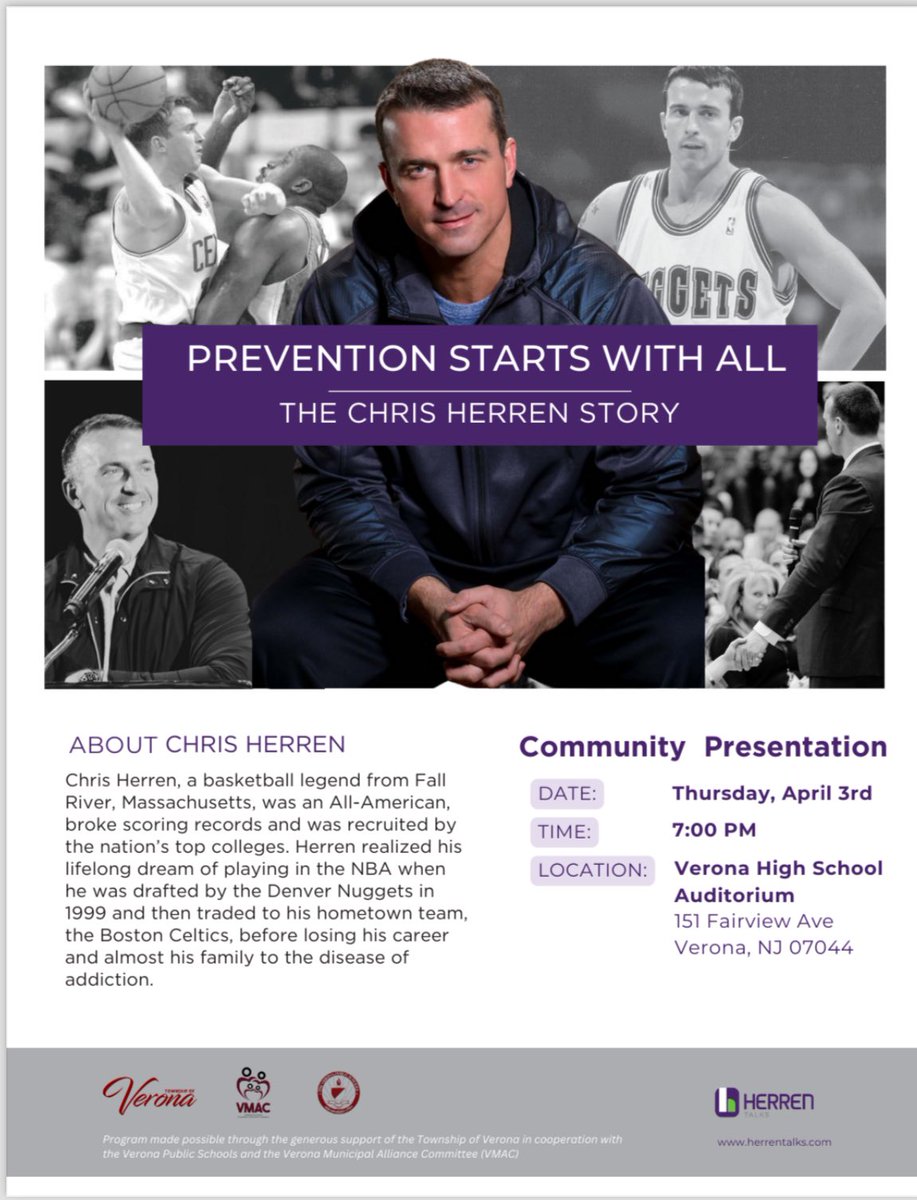 Chris Herren is coming to Verona on April 3rd for our high school students at 12:15 pm and our community/surrounding communities at 7:00 pm. We hope to see you at the evening event!