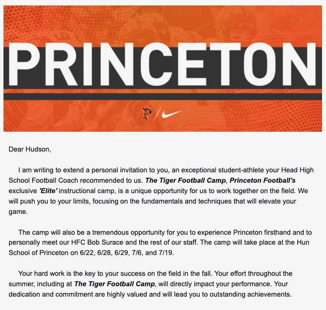 Thank you so much, Coach <a href="/SVerbit/">Stephen Verbit</a>, for the invitation to <a href="/PrincetonFTBL/">Princeton Football</a> Camp — I plan to attend this summer!
<a href="/CoachBobSurace/">Bob Surace '90</a> <a href="/Coach_Mende/">Mike Mendenhall</a> <a href="/coachehenderson/">EJ Henderson</a> <a href="/RyanFracPU/">Ryan Fraccaroli</a> <a href="/FBPirates/">Fernandina Beach Pirate Football</a> <a href="/wblakewillis/">Blake Willis</a> <a href="/bryce_nelson15/">bryce nelson</a> <a href="/4thDownU/">4th Down University™️</a> <a href="/FentressKicking/">Fentress Kicking</a> <a href="/CoachTonyBugeja/">4th Down Solutions</a> <a href="/CoachStarr_AP/">Matt Starr</a>