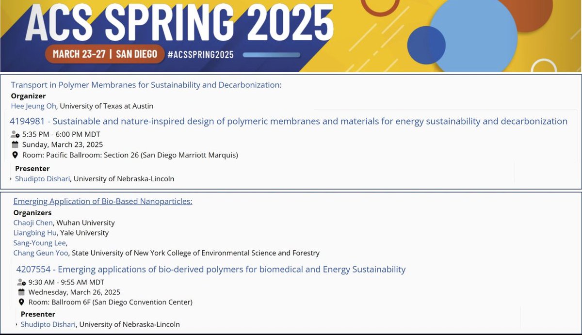 Shudipto Dishari (@konikadishari) on Twitter photo Off to San Diego for 2025 ACS Spring Meeting. Giving 2 invited talks (NSF and <a href="/doescience/">DOE Office of Science</a>-funded)
about #sustainable, bio-derived and nature-inspired #polymers and #membranes for #energy and biomedical applications!
Thanks to organizers for the invites! <a href="/acspmse/">ACS PMSE Division</a> <a href="/POLY_ACS/">ACS POLY Division</a> Off to San Diego for 2025 ACS Spring Meeting. Giving 2 invited talks (NSF and <a href="/doescience/">DOE Office of Science</a>-funded)
about #sustainable, bio-derived and nature-inspired #polymers and #membranes for #energy and biomedical applications!
Thanks to organizers for the invites! <a href="/acspmse/">ACS PMSE Division</a> <a href="/POLY_ACS/">ACS POLY Division</a>