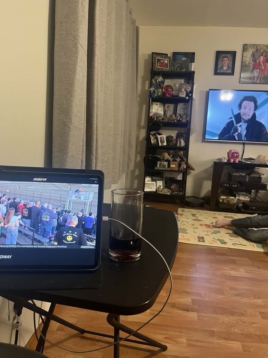My Saturday night.  Watching <a href="/WorldofOutlaws/">World of Outlaws</a> on <a href="/dirtvision/">DIRTVision</a> with the iPad.   Kids got Home Alone on the tv.  This isn’t fair.  😂