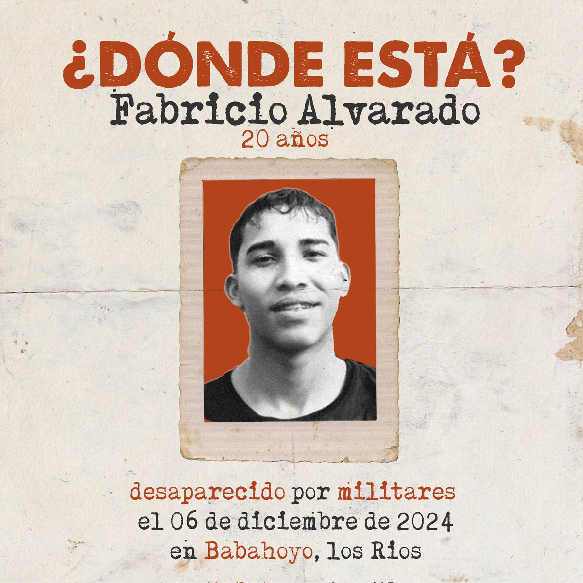 El 6 de diciembre de 2024, Fabricio Alvarado Zambrano fue detenido por militares en Babahoyo. Desde entonces, su paradero sigue siendo desconocido.💔 ¡Exigimos que se investigue! #DóndeEstán #ElEstadoEsResponsable @FFAAEcuador <a href="/FiscaliaEcuador/">Fiscalía Ecuador</a> <a href="/Presidencia_Ec/">Presidencia Ecuador 🇪🇨</a>