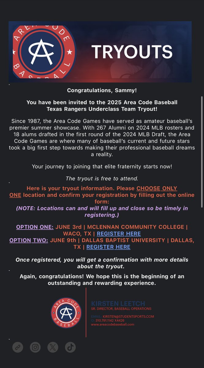 Sammy Dornier (@sammy_dornier) on Twitter photo Itβs an honor to get invited to this prestigious eventβ¦ looking forward to participating in Waco at the <a href="/ACBaseballGames/">Area Code Baseball</a> tryouts in June Itβs an honor to get invited to this prestigious eventβ¦ looking forward to participating in Waco at the <a href="/ACBaseballGames/">Area Code Baseball</a> tryouts in June