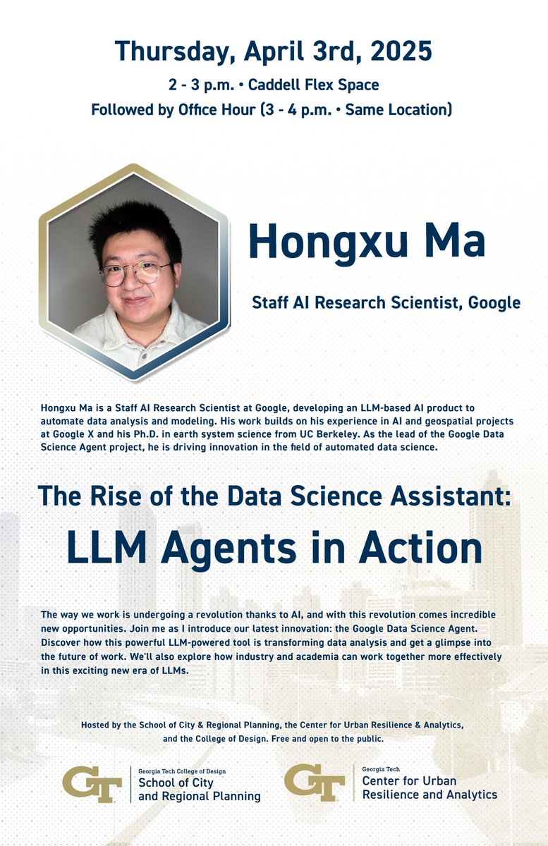Yiyi He (@yiyihe_0604) on Twitter photo April 3rd 2025 @ Caddell Flex Space please join us in welcoming Hongxu Ma from Google Deepmind to Georgia Tech. Looking forward to his lecture on LLM Agents <a href="/GaTech_Planning/">GaTech Planning</a> April 3rd 2025 @ Caddell Flex Space please join us in welcoming Hongxu Ma from Google Deepmind to Georgia Tech. Looking forward to his lecture on LLM Agents <a href="/GaTech_Planning/">GaTech Planning</a>