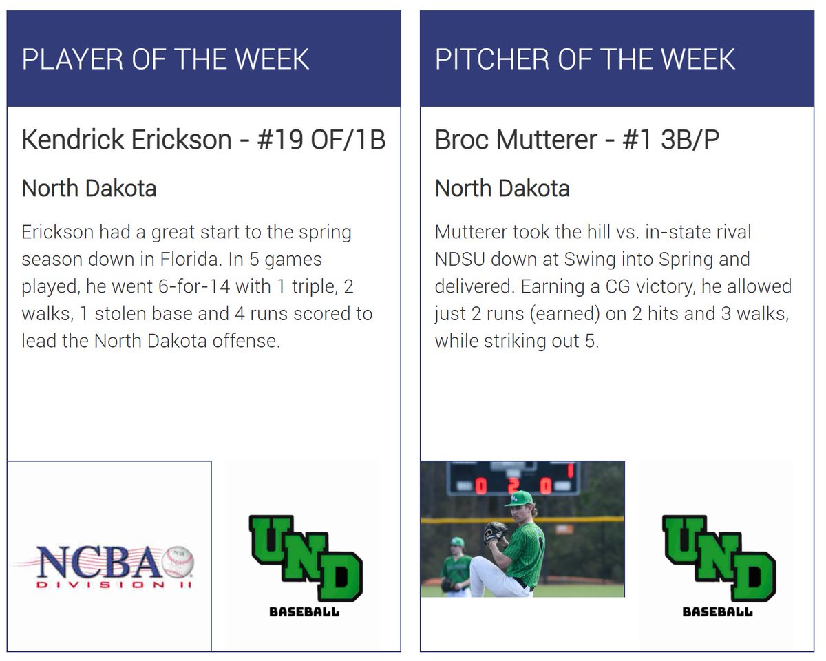 Congrats to our Week 16 Northern Plains - West Player (Kendrick Erickson - <a href="/undclubbaseball/">UND Club Baseball</a>) and Pitcher (Broc Mutterer - <a href="/undclubbaseball/">UND Club Baseball</a>) of the Week‼️

#NCBA #RoadToAlton #NorthernPlains