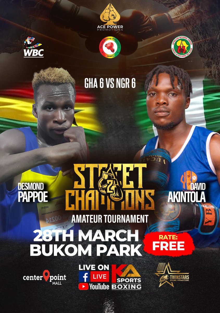 TThe #JollofWar will be settled on the 28th at #BukomPark. The #Street2ChampionsFightNight 2.0 promises to be exciting and thrilling. Gates open at 3 PM, and the first fight bell rings at 5 PM GMT. Join us for an unforgettable evening of boxing! 
#Boxing #AmateurBoxing