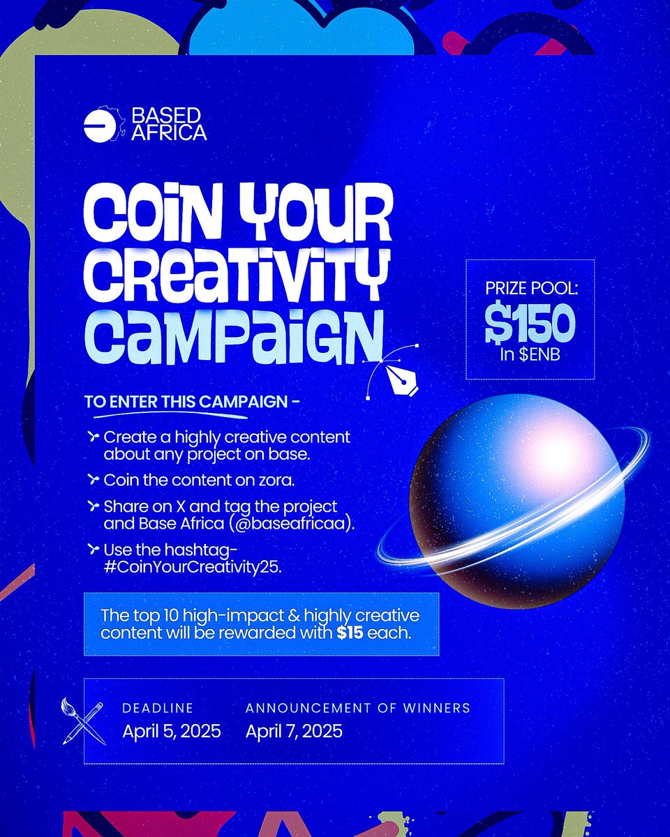 enbapps's tweet image. On a mission to increase distribution for onchain products and help creators go viral, we’re excited to launch the “Coin Your Creativity” campaign!

Calling all content creators! Create highly creative content about any project on @base, coin it on @zora, and share it on X,…
