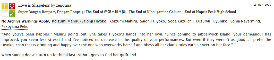 zenonaaa's tweet image. #soapies fic 🐥📷 SFW

When Saionji doesn&apos;t turn up for breakfast, Mahiru goes to find her girlfriend.

 AO3: archiveofourown.org/works/63942664
Tumblr: zenonaa.tumblr.com/post/778312276…