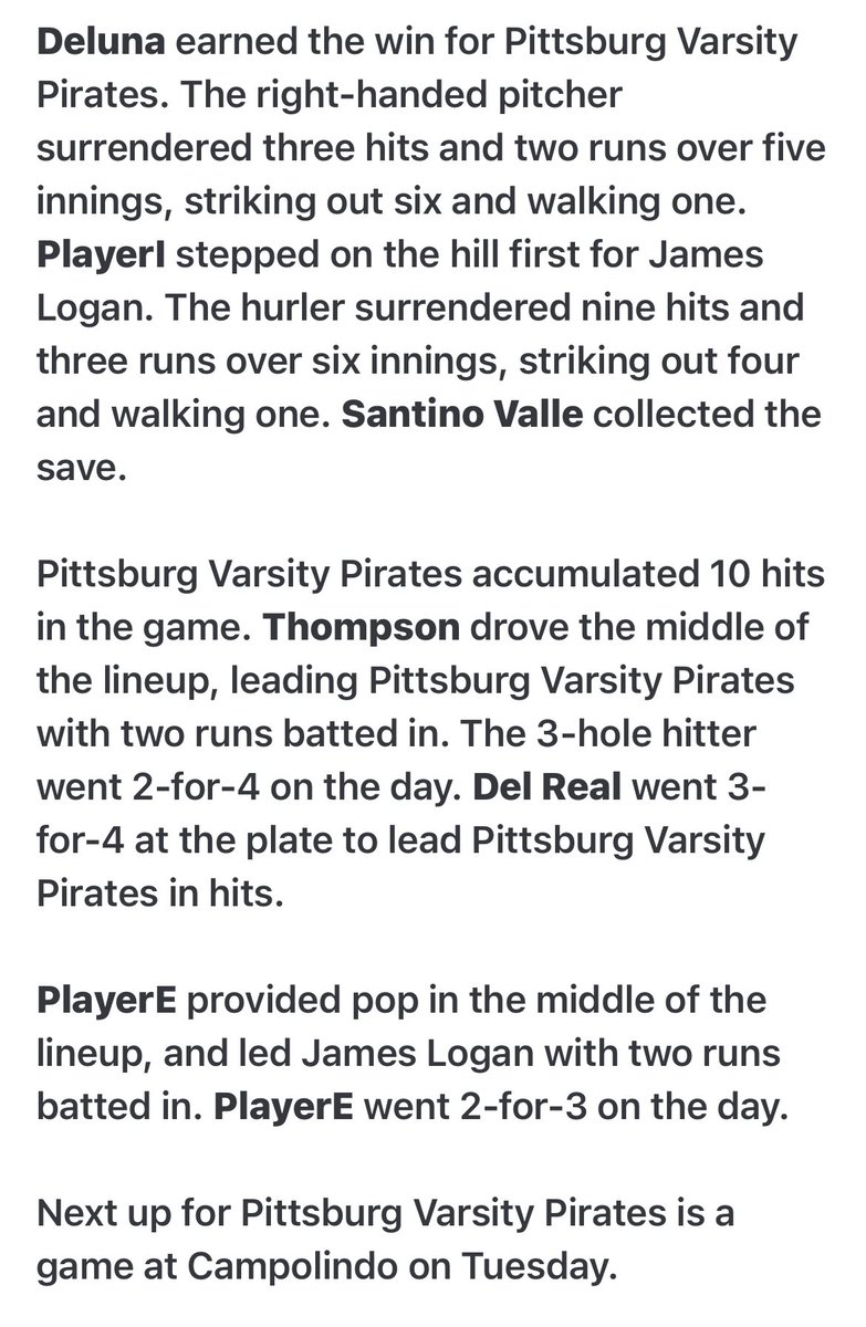 Pirates with a big win !!!

(Win)
Diego Deluna 5inn, 6ks, 1 bb 63% strikes

(Save) 
Santino Valle 2 inn, 2ks 
75% strikes 

Total :
8ks, 1bb 66% strikes