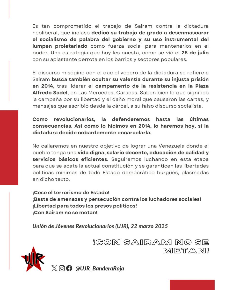 COMUNICADO | Los Jóvenes Revolucionarios defendemos a <a href="/SairamRivas/">Sairam Rivas</a> ante las amenazas del régimen. No podrán silenciar su lucha por los derechos del pueblo y los presos políticos. Exigimos el cese del terrorismo de Estado y el respeto a los derechos consagrados en la Constitución.