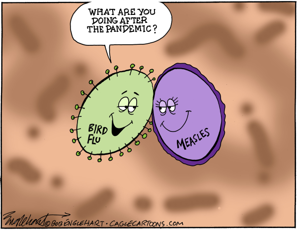 Quand un virus en drague un autre.  
« Qu'as-tu prévu de faire après la pandémie ? »  
Bob Englehart, cartoonist, Etats-Unis, PoliticalCartoons