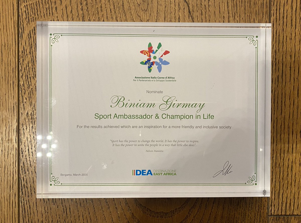 So happy to have a chance to meet in Sanremo my brother Biniam Girmay <a href="/IntermarcheW/">Lotto-Intermarché</a>. As Italy Horn of Africa Association we nominated him Sport Ambassador and Champion in Life for the results achieved that are an inspiration for a more friendly and inclusive society. We 💙 Asmara