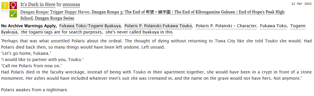 zenonaaa's tweet image. #togafuka #polafuka fic 💜💚 SFW

Polaris awakes from a nightmare.

AO3: archiveofourown.org/works/64068736
Tumblr: zenonaa.tumblr.com/post/778753113…

💖 Please like, reblog, leave kudos and/or comment on tumblr and AO3 💖