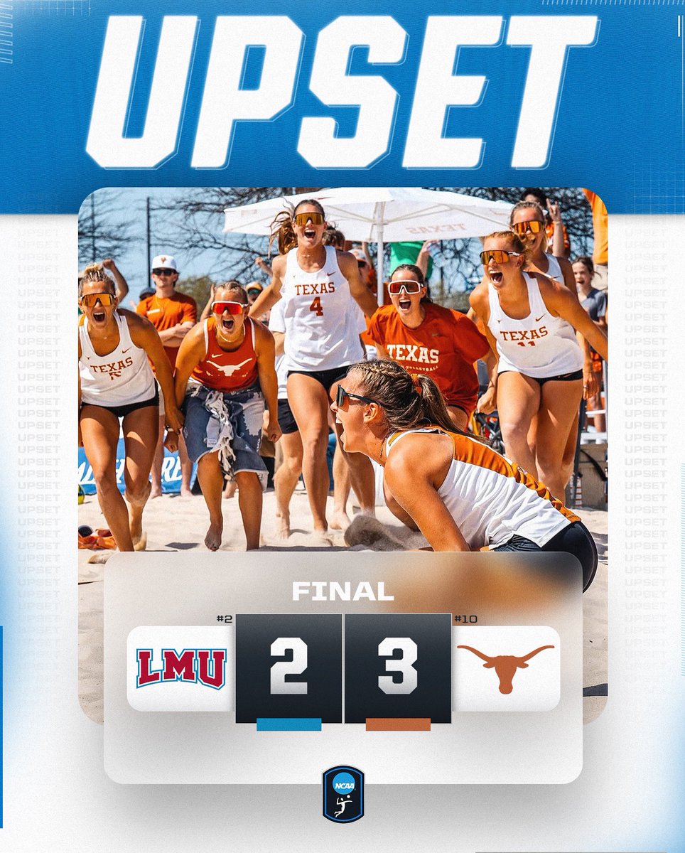 NCAA Women's Volleyball (@ncaavolleyball) on Twitter photo TEXAS TAKES DOWN NO. 2 🤘
No. 10 <a href="/TexasBeachVB/">Texas Beach Volleyball</a> gets the 3-2 win to upset No. 2 LMU!
#NCAABeachVB TEXAS TAKES DOWN NO. 2 🤘
No. 10 <a href="/TexasBeachVB/">Texas Beach Volleyball</a> gets the 3-2 win to upset No. 2 LMU!
#NCAABeachVB