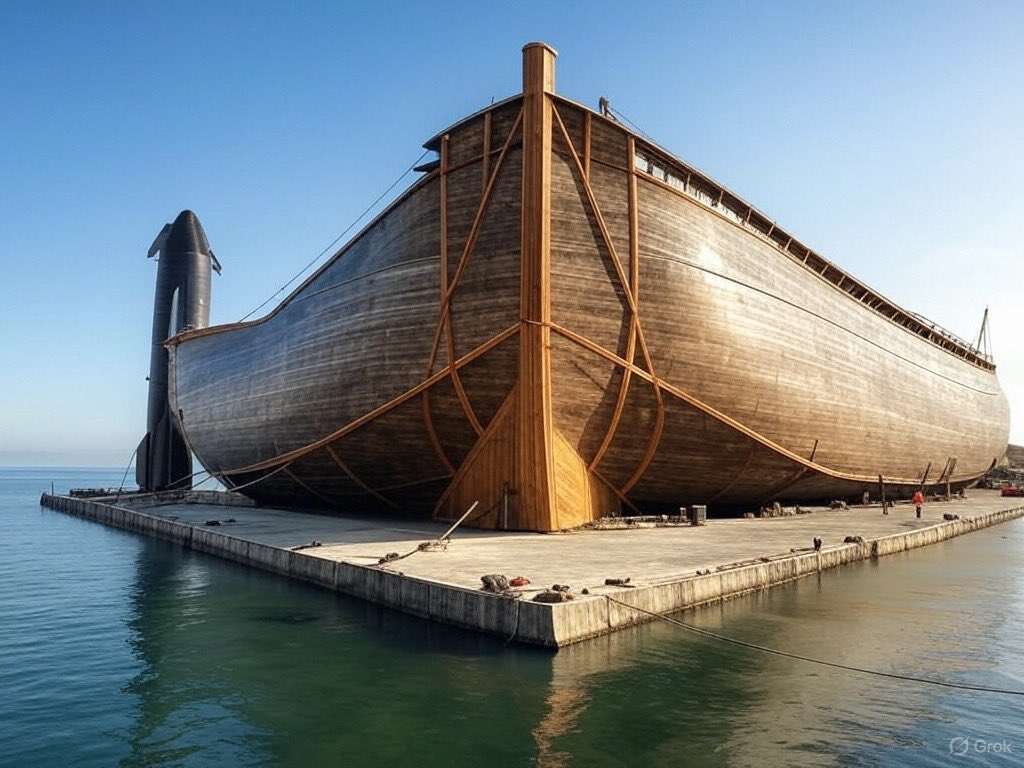Bubba_Joyner's tweet photo. @elonmusk @grok Here is Grok building a representation of Noah’s Ark only using scripture and building a SpaceX starship. Both to scale on the same depiction. https://t.co/IDng9qy4UR