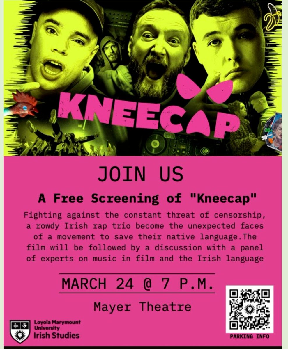 Our sponsor partners &amp; friends at   <a href="/LoyolaMarymount/">Loyola Marymount University</a> University (Irish Studies), are hosting A Free Screening of "Kneecap" this Monday in Los Angeles. 

We're so proud to have brought <a href="/KNEECAPCEOL/">KNEECAP</a> to LA 4 years ago - our boys are all grown up now!

Tix: cal.lmu.edu/event/kneecap-…